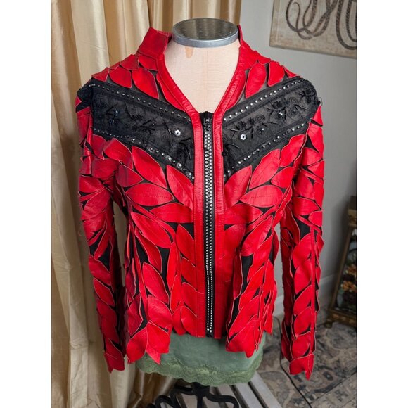 VTG Artsty Mesh Red Black Leather Leaf Applique Studded Designer Jacket Lg Read - Picture 1 of 12